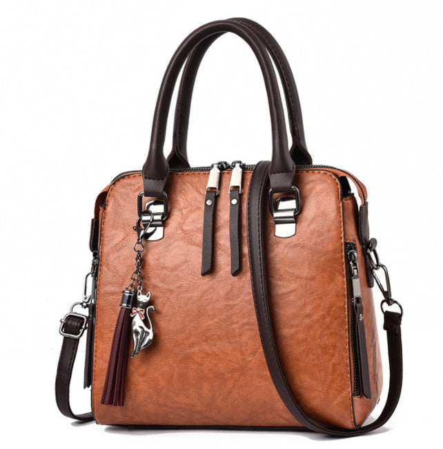 Damen Schultertasche Vintage – Große Tasche aus PU-Leder mit Quaste