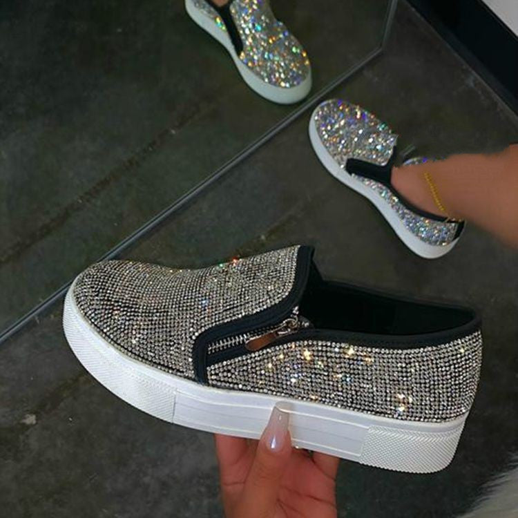 Damen Slipper mit Glitzer - Flache Schuhe mit Strass