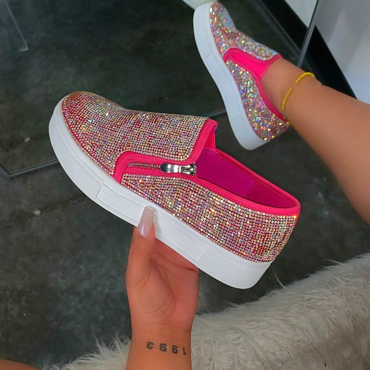 Damen Slipper mit Glitzer - Flache Schuhe mit Strass