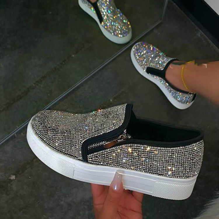Damen Slipper mit Glitzer - Flache Schuhe mit Strass