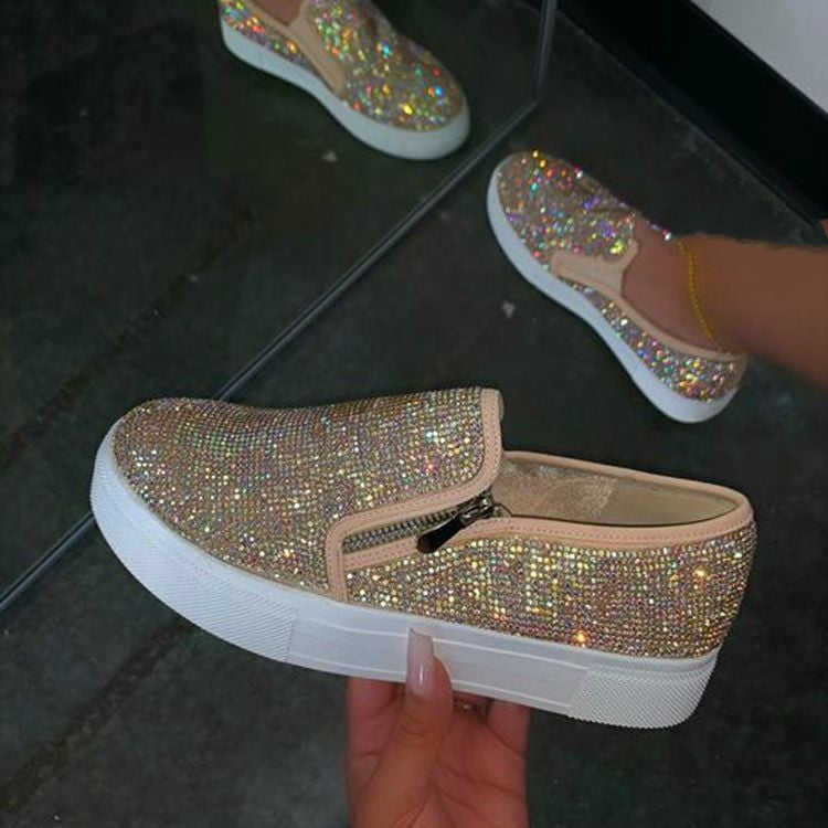 Damen Slipper mit Glitzer - Flache Schuhe mit Strass