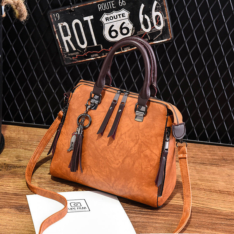 Damen Schultertasche Vintage – Große Tasche aus PU-Leder mit Quaste