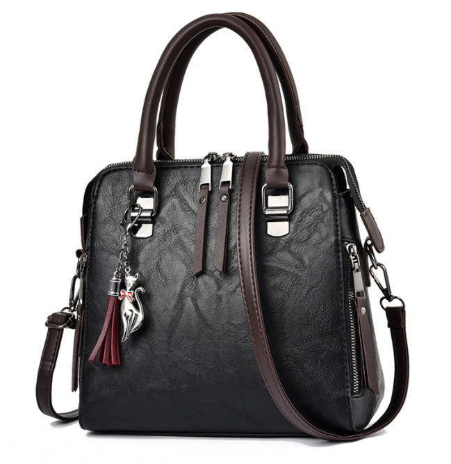 Damen Schultertasche Vintage – Große Tasche aus PU-Leder mit Quaste