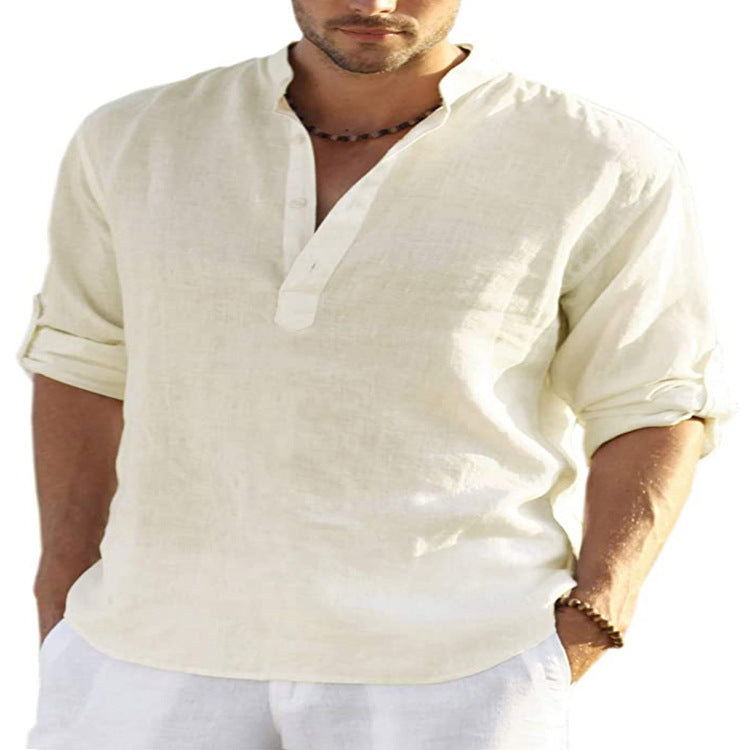 Leinenhemd Herren in Beige - lockeres Sommerhemd mit Stehkragen