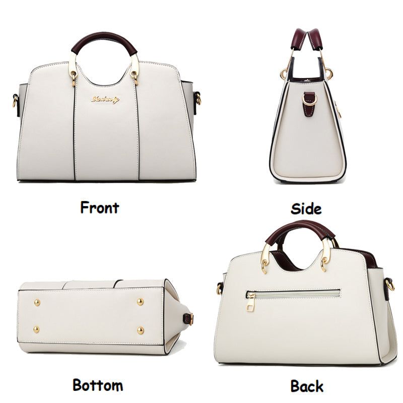 Designer Handtasche für Damen - Front-, Seit-, Rück- und Unteransicht in Weiß mit goldfarbenen Details