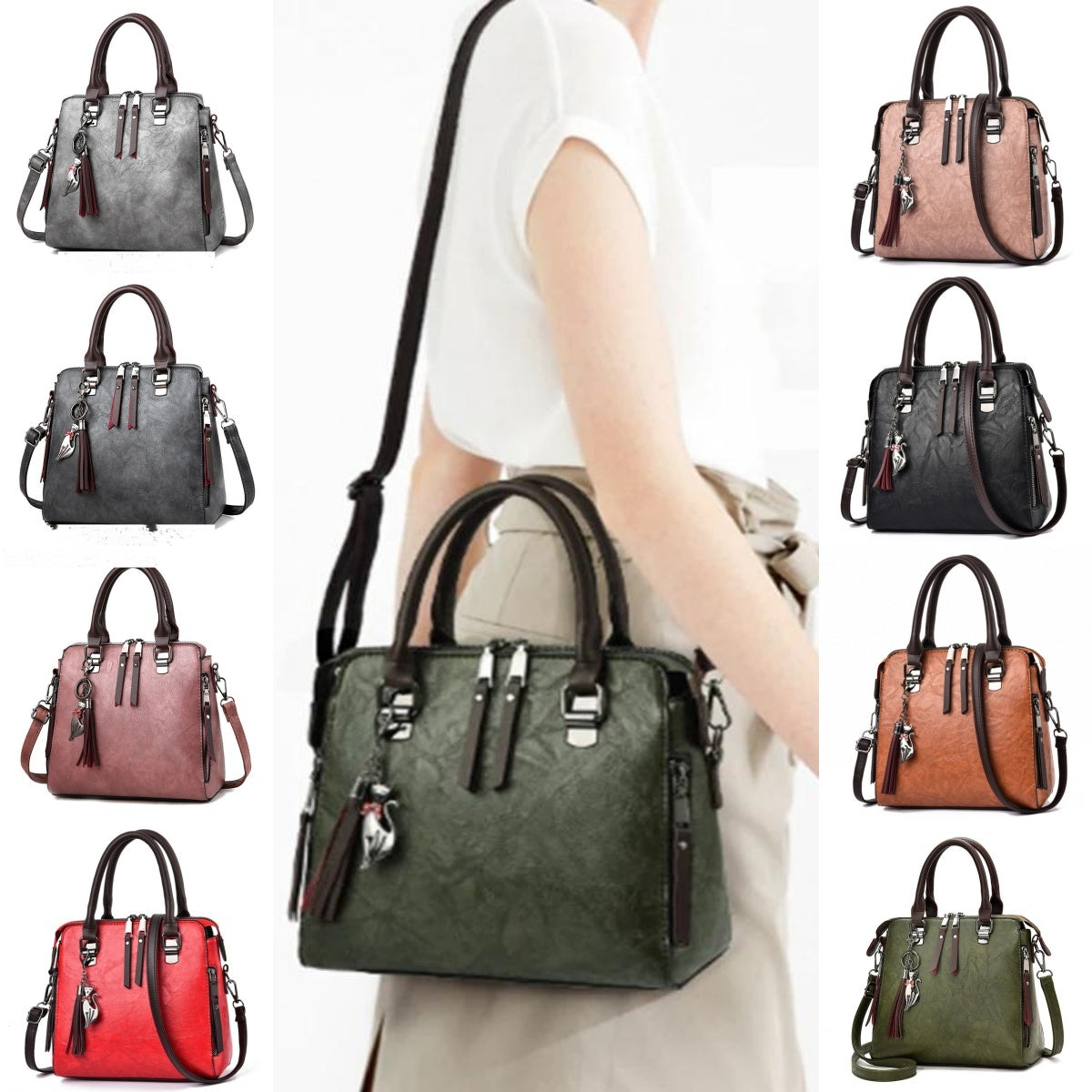Damen Schultertasche Vintage – Große Tasche aus PU-Leder mit Quaste