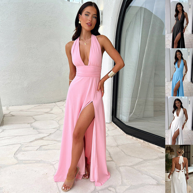 Elegantes Abendkleid Damen in Rosa – Rückenfreies Design mit hohem Beinschlitz