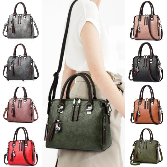 Damen Schultertasche Vintage – Große Tasche aus PU-Leder mit Quaste