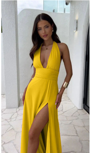 Elegantes Abendkleid Damen in Gelb – Stilvolles Design mit tiefem V-Ausschnitt und hohem Beinschlitz